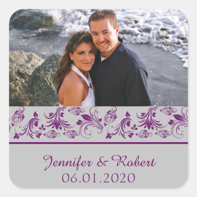 Adesivo Quadrado Púrpura Prata Floral Scroll Casamento Favor Vinhet (Frente)