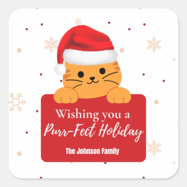 Adesivo Quadrado Purr‑fect Holiday Cat Christmas  (Frente)