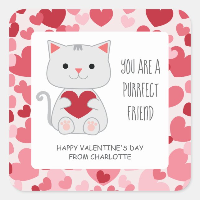 Adesivo Quadrado Purrfect Friend Cat Classroom Valentine (Frente)