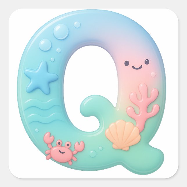 Adesivo Quadrado "Q" Cute Letter - Underwater Sea Creature (Frente)