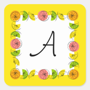 Adesivo Quadrado Quadrado de vinheta de Monograma Amarelo Citrus Sq