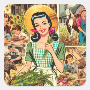 Adesivo Quadrado Quadrinhos da Mulher Agricultora Retro