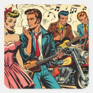 Adesivo Quadrado Quadrinhos de Rock and Roll Vintage dos Anos 1950