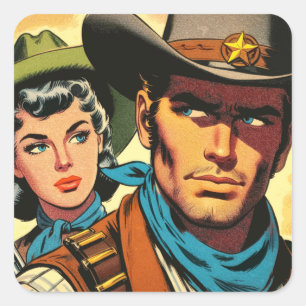Adesivo Quadrado Quadrinhos Retro Cowboy/Cowgirl