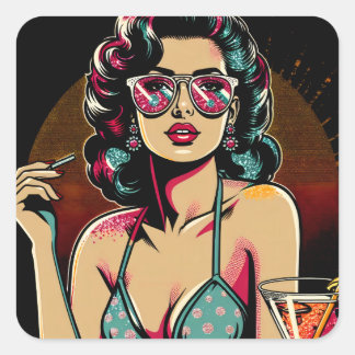 Adesivo Quadrado Quadrinhos Retro Pinup Girl com um coquetel de ani