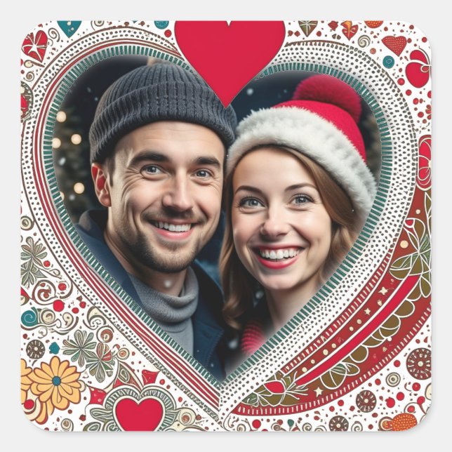 Adesivo Quadrado Quadro bonito de Corações Vermelho e Turquesa (Frente)