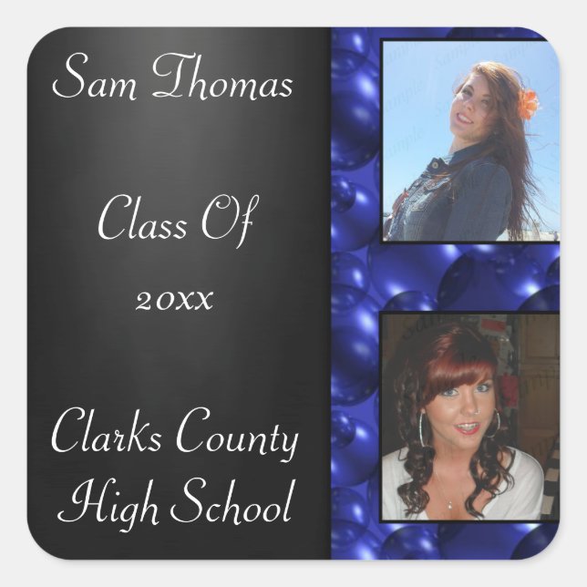 Adesivo Quadrado Quadro de Graduação 2 Fotos Bolhas de Vidro Azul (Frente)