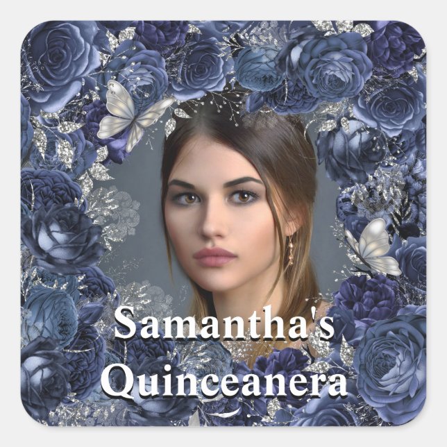 Adesivo Quadrado Quadro de rosa da borboleta azul-prateada FOTO (Frente)