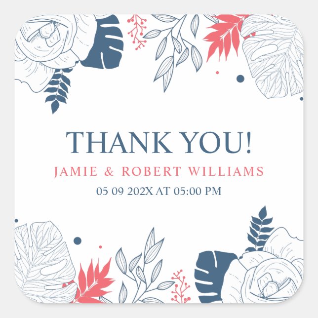 Adesivo Quadrado Quadro floral tropical branco-azul e vermelho-cora (Frente)