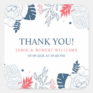 Adesivo Quadrado Quadro floral tropical branco e coralino azul