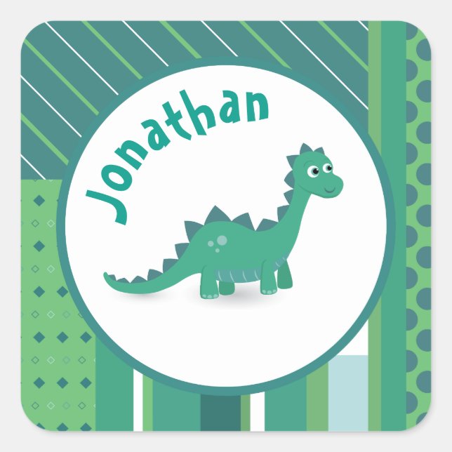 Adesivo Quadrado Quadro redondo em verde/azul com dinossauro fofo (Frente)