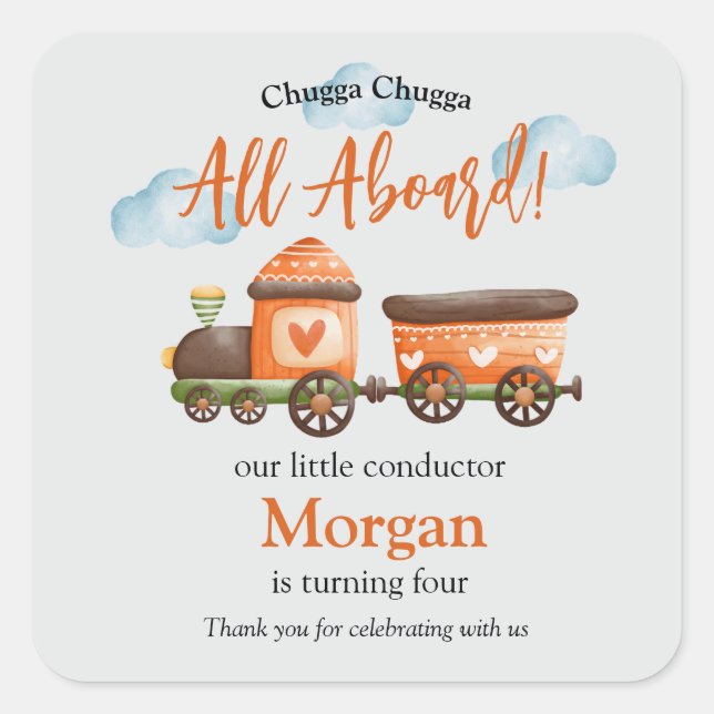 Adesivo Quadrado Qualquer Festa de Aniversário Adorável do Comboio (Frente)