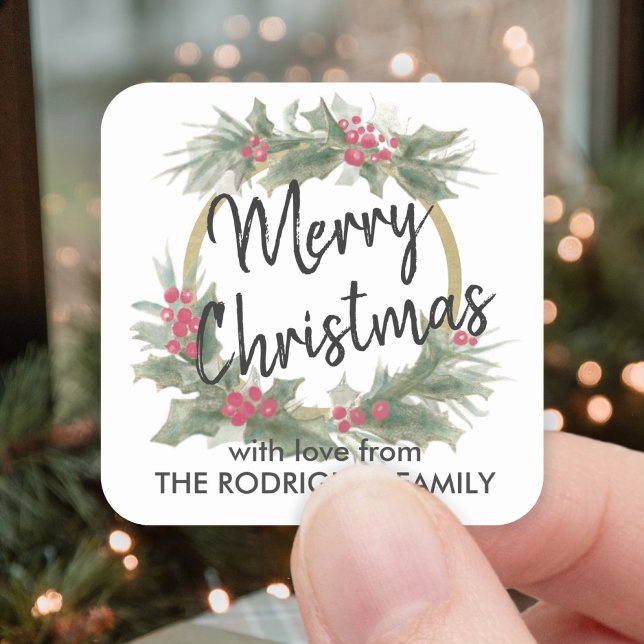 Adesivo Quadrado Qualquer Texto De Vidro Holly Wreath Elegante Nata (Criador carregado)