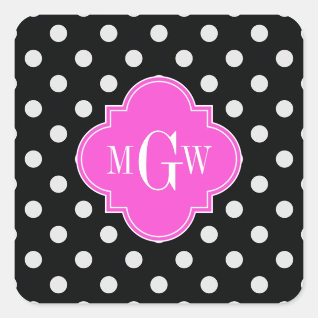 Adesivo Quadrado Quatrefoil Rosa Quente, Bolinhas Negra, 3 Monogram (Frente)