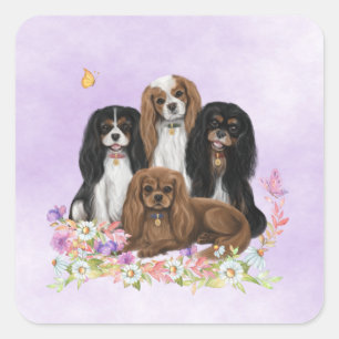 Adesivo Quadrado Quatro Cavaleiros, Rei Charles Spaniels, em Flores