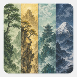 Adesivo Quadrado Quatro Estações Montanha | Paisagem de Tinta Japon