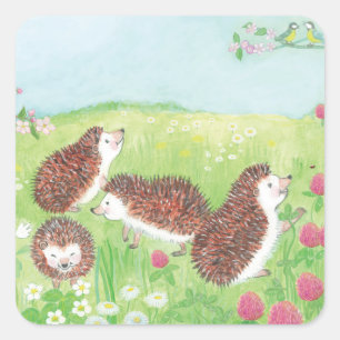 Adesivo Quadrado Quatro Pequenos Hedgehogs no Prado Flor