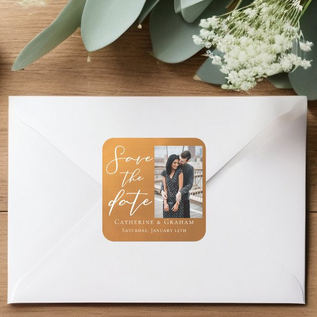 Adesivo Quadrado Queda de Foto do Casal Dourado russo Salve a Data (Criador carregado)