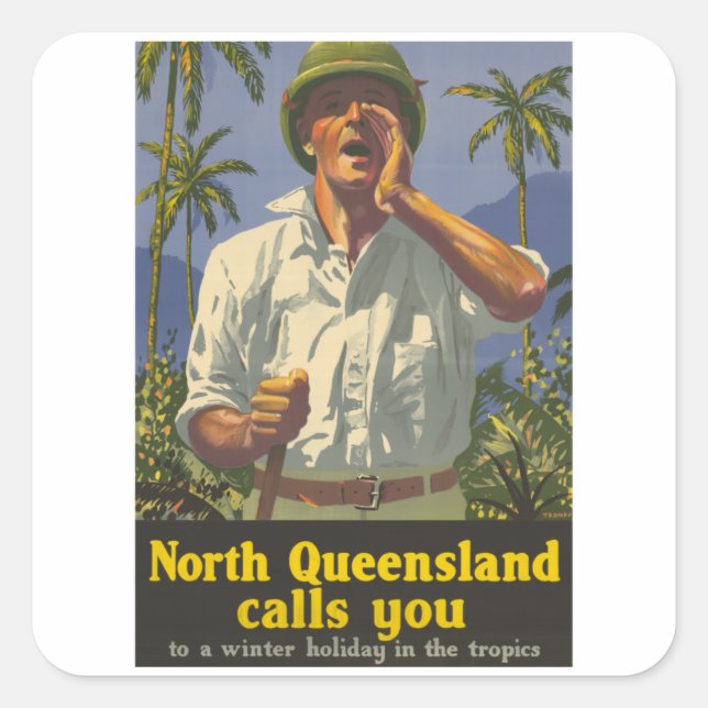 Adesivo Quadrado Queensland chama você - Austrália - Viagens vintag (Frente)