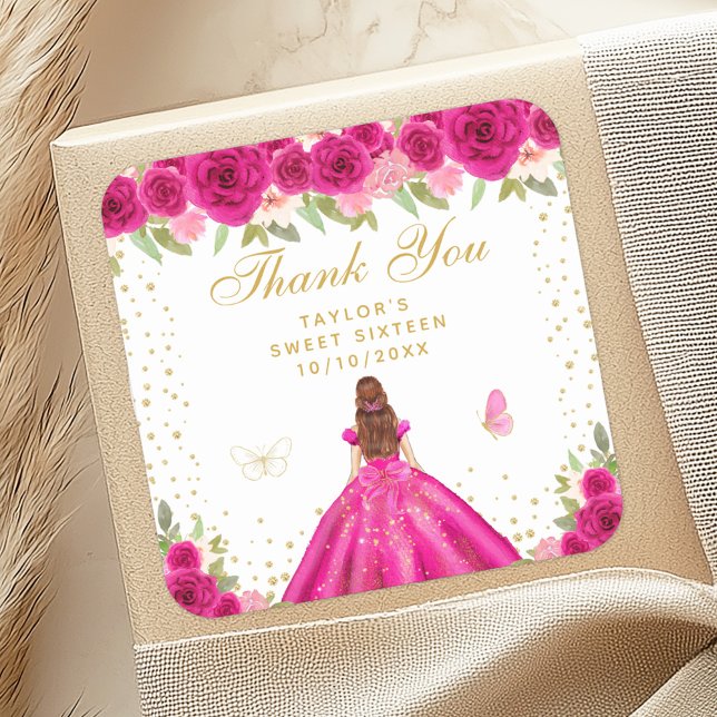 Adesivo Quadrado Quente rosa, Penteado castanho, princesa doce, dez (Criador carregado)