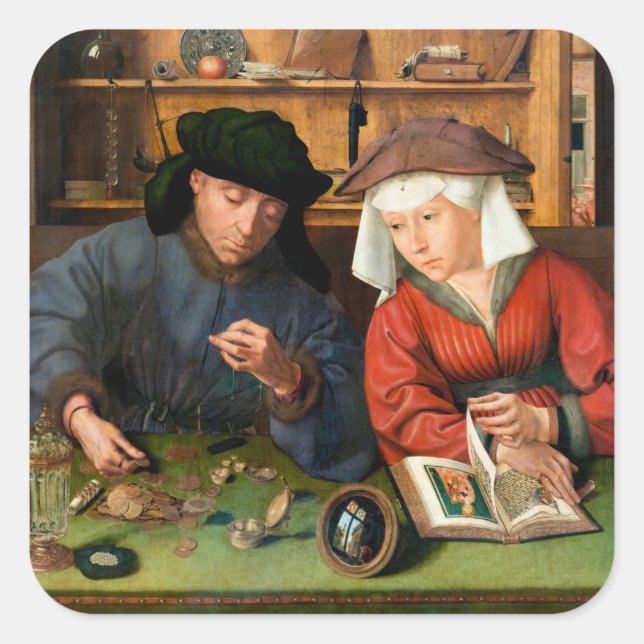 Adesivo Quadrado Quentin Matsys - O Moneylender e sua esposa (Frente)