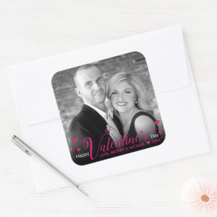 Adesivo Quadrado Quic Pink Modern Script Heart Black White Photo