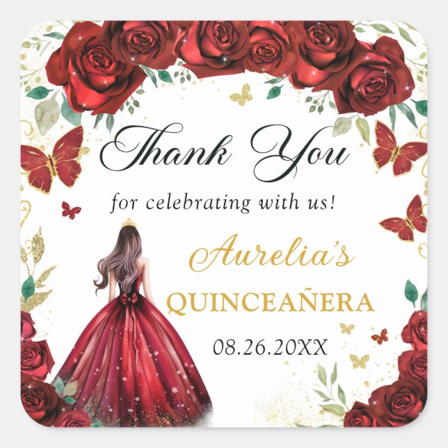 Adesivo Quadrado Quic Red Roses Floral Quinceañera Princess Sticker (Frente)