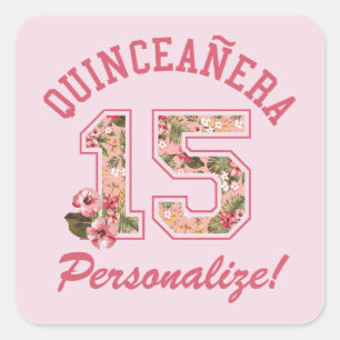 Adesivo Quadrado Quinceanera 15 Palavra-Rosa Atlética