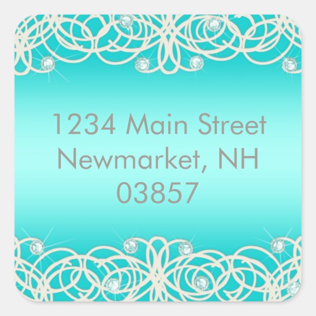 Adesivo Quadrado Quinceanera Aqua Turquoise Sparkle e Lace (Frente)