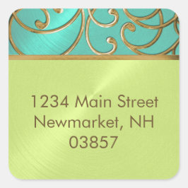 Adesivo Quadrado Quinceanera Aqua Verde limão Dourada Filigree Swir