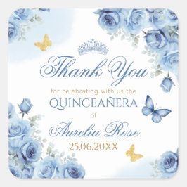 Adesivo Quadrado Quinceañera Blue Borboleta Dourada Floral Tiara
