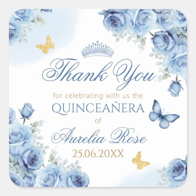 Adesivo Quadrado Quinceañera Blue Borboleta Dourada Floral Tiara (Frente)