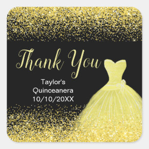 Adesivo Quadrado Quinceanera Bright Yellow Dress Faux Glitter