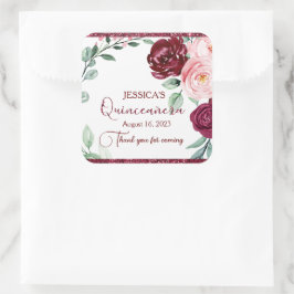 Adesivo Quadrado Quinceanera Burgundy Red Floral Glitker
