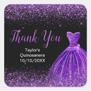 Adesivo Quadrado Quinceanera Dark Purple Dress Faux Glitter