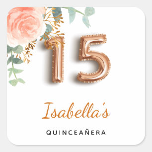 Adesivo Quadrado Quinceanera floral rosa de ouro eucalipto monogram