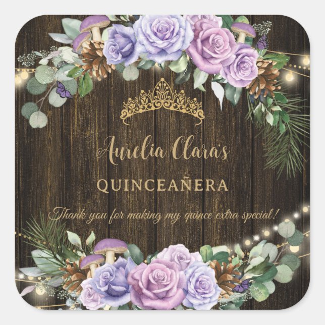 Adesivo Quadrado Quinceañera Floral Roxo-Encantada Rústica (Frente)