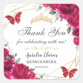 Adesivo Quadrado Quinceañera Fuchsia Borboletas Florais Quentes Ros