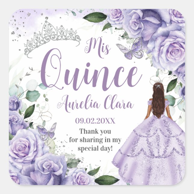 Adesivo Quadrado Quinceañera Purple Rosa Floral Prata Princesa (Frente)