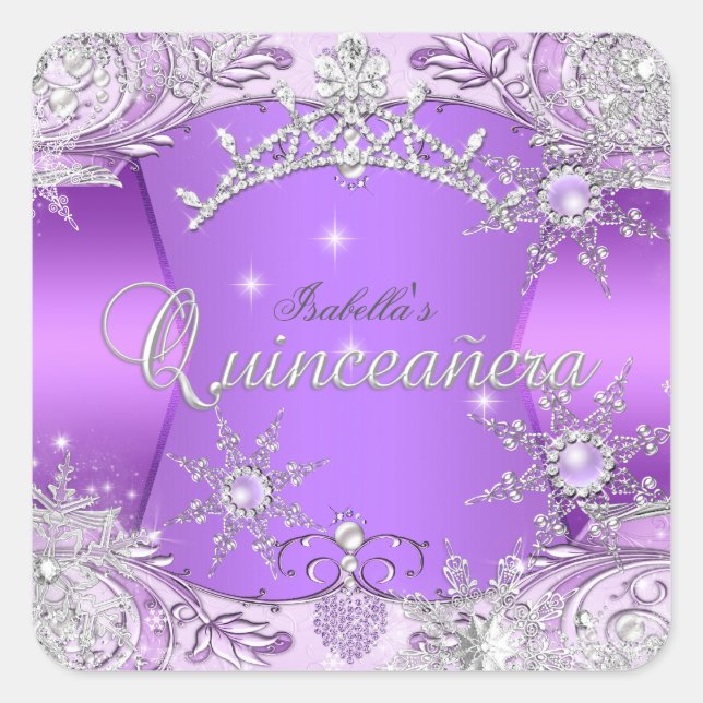 Adesivo Quadrado Quinceanera Purple Winter Wonderland Flocos de nev (Frente)