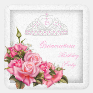 Adesivo Quadrado Quinceanera Rosas Rosa Bonitas Brancas Festa de 15