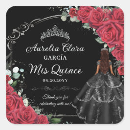 Adesivo Quadrado Quinceañera Rosas vermelhas Floral Preto Prata