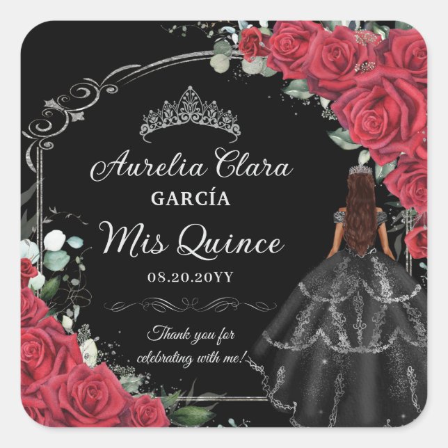 Adesivo Quadrado Quinceañera Rosas vermelhas Floral Preto Prata (Frente)