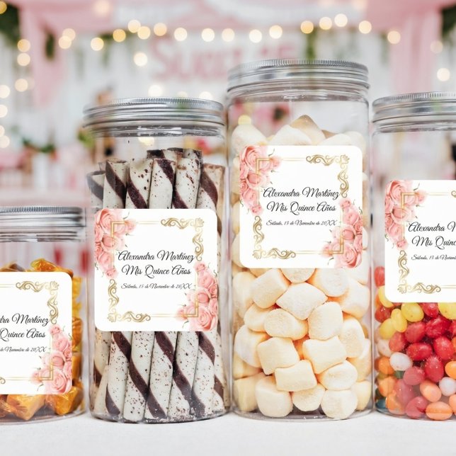 Adesivo Quadrado Quinto Dourado Rosa Rosa Simples Branco Elegante (Criador carregado)