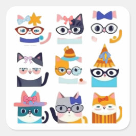 Adesivo Quadrado Quirky Cat Whimsic Feline Art para Cat Lovers