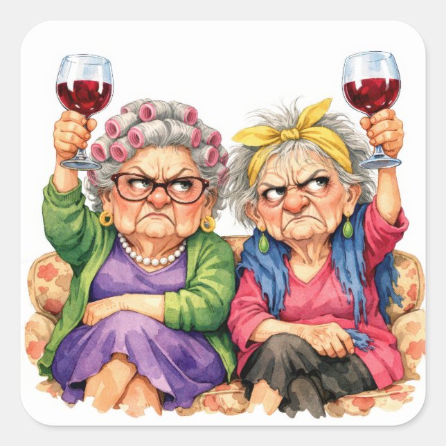 Adesivo Quadrado Quirky Old Ladies with Red Wine (Frente)