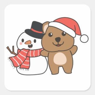 Adesivo Quadrado Quokka Com Snowman No Inverno Na Praça De Natal