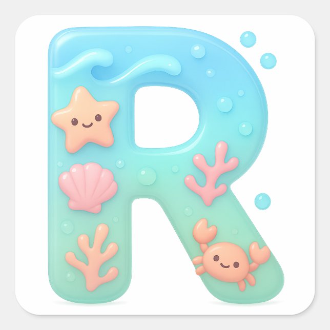 Adesivo Quadrado "R" Cute Letter - Underwater Sea Creature  (Frente)