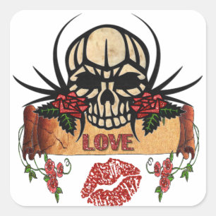 Adesivo Quadrado RAB Rockabilly Caveira Rosas Amor Batom