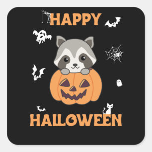 Adesivo Quadrado Raccin Em Pumpkin, Sweet Raccoon Feliz Halloween